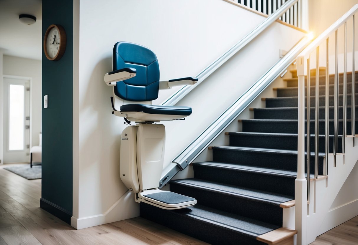 A stair lift installed in a modern home, seamlessly blending into the staircase, providing a safe and convenient mobility solution for aging individuals