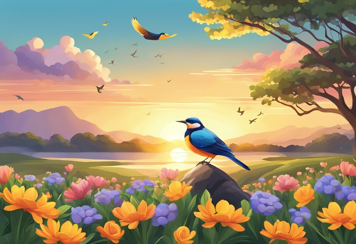 Sunrise over a peaceful landscape with colorful flowers and birds singing