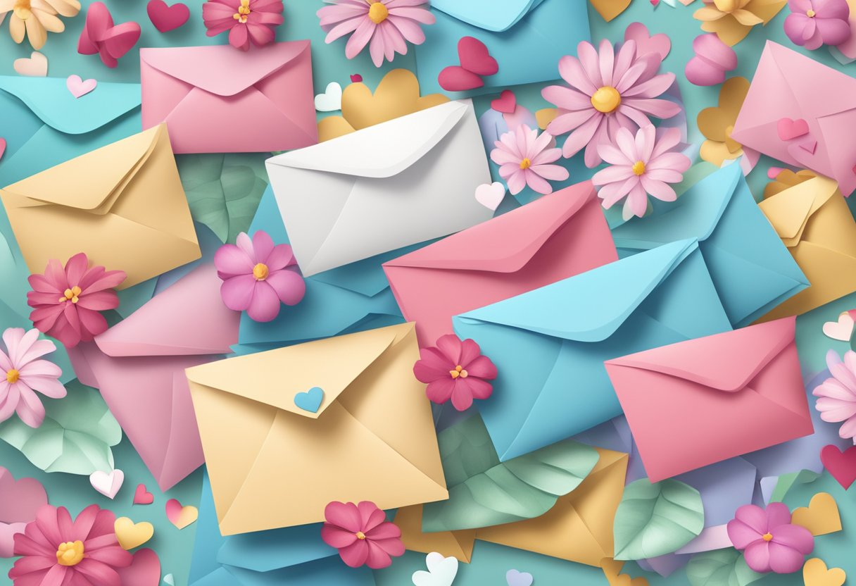 A stack of love-themed envelopes with hearts and flowers scattered around