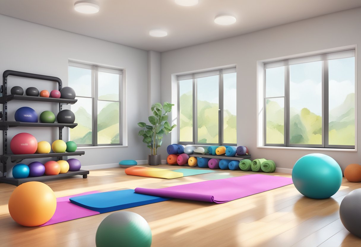 A bright, spacious room with a variety of workout equipment including dumbbells, resistance bands, yoga mat, stability ball, jump rope, kettlebell, and foam roller