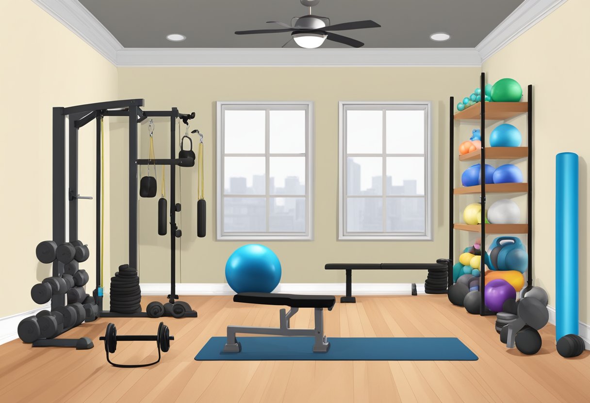 A home gym with dumbbells, kettlebells, resistance bands, a pull-up bar, a weight bench, a yoga mat, a jump rope, a medicine ball, a stability ball, and a foam roller