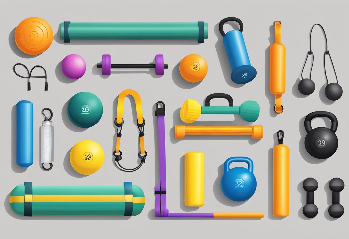 A yoga mat, resistance bands, stability ball, kettlebell, dumbbells, foam roller, medicine ball, jump rope, balance board, and pull-up bar are arranged in a tidy row