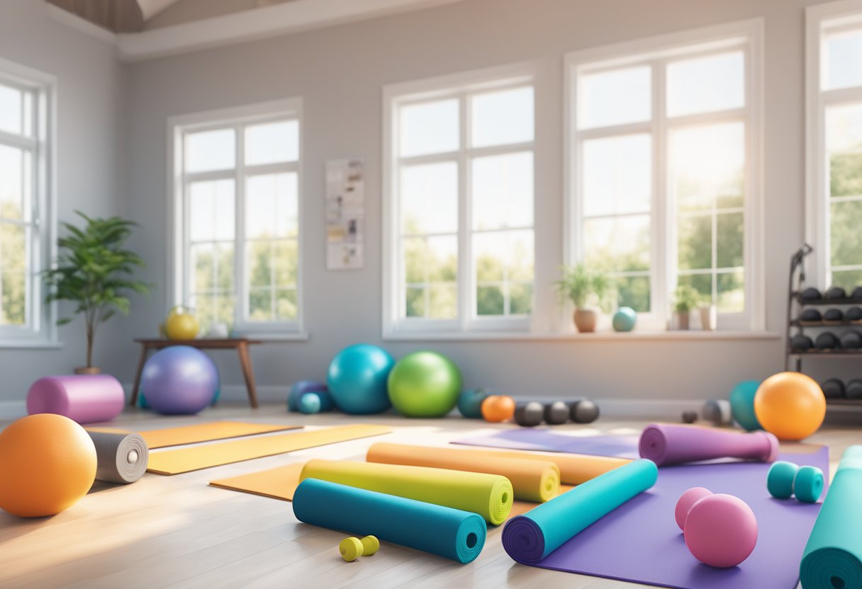 A yoga mat, resistance bands, foam roller, stability ball, and dumbbells scattered on the floor of a bright, airy home gym