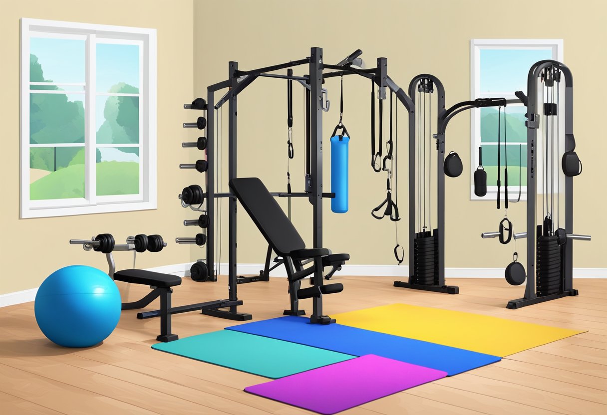 A compact home gym with dumbbells, resistance bands, yoga mat, jump rope, kettlebell, stability ball, pull-up bar, foam roller, and adjustable bench
