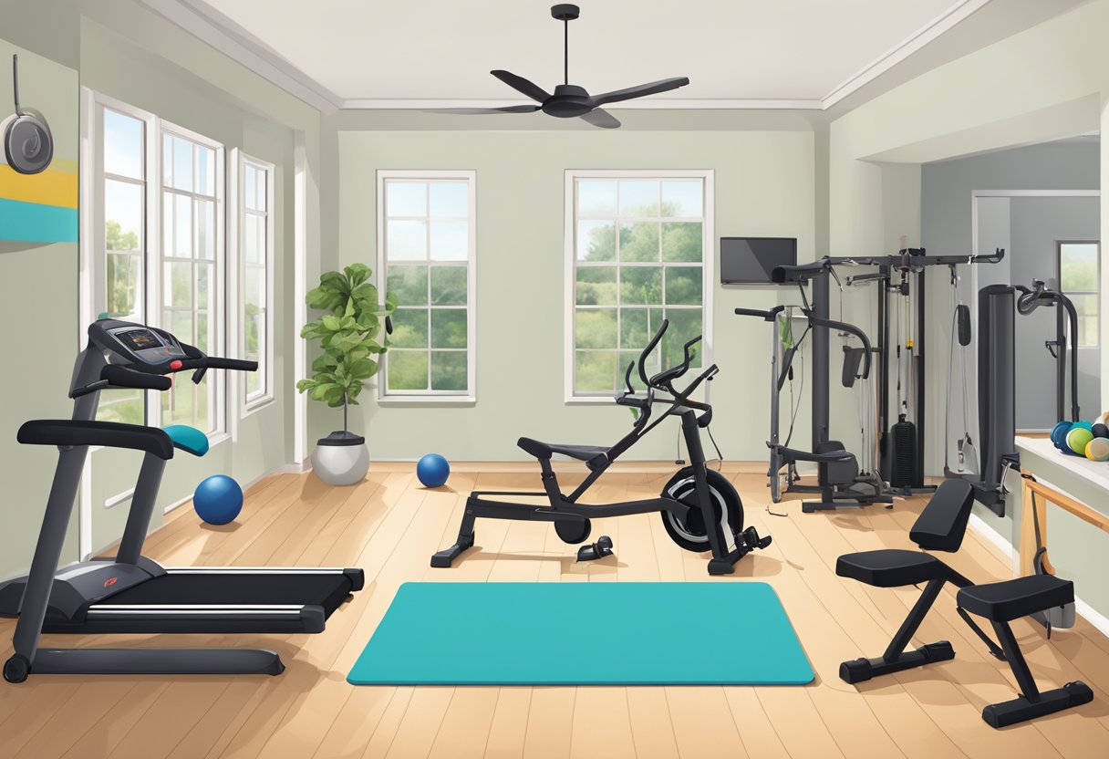 A home gym with integrated technology: treadmill, stationary bike, rowing machine, weight bench, resistance bands, yoga mat, dumbbells, kettlebells, jump rope, and balance ball
