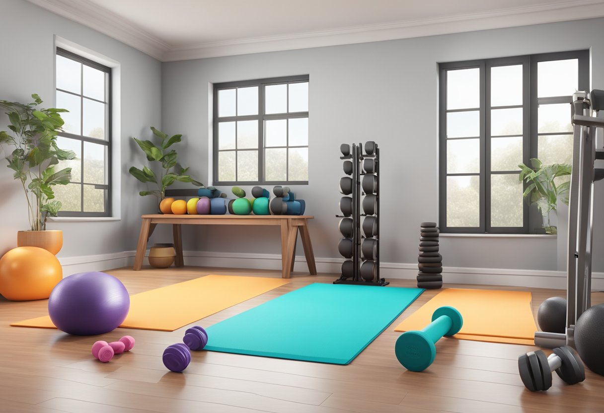 A bright, spacious room with a yoga mat, resistance bands, dumbbells, a stability ball, a jump rope, a foam roller, a kettlebell, a pull-up bar, a medicine ball, and a set of adjustable dumbbells neatly organized in a corner