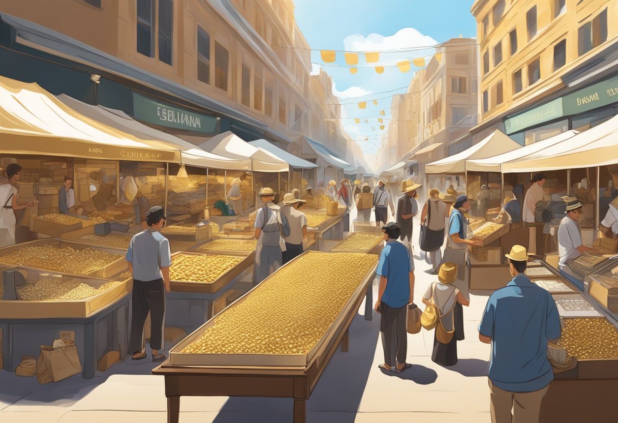 A bustling marketplace with various vendors selling gold bullion in Australia. The sun shines brightly overhead as customers browse the gleaming displays