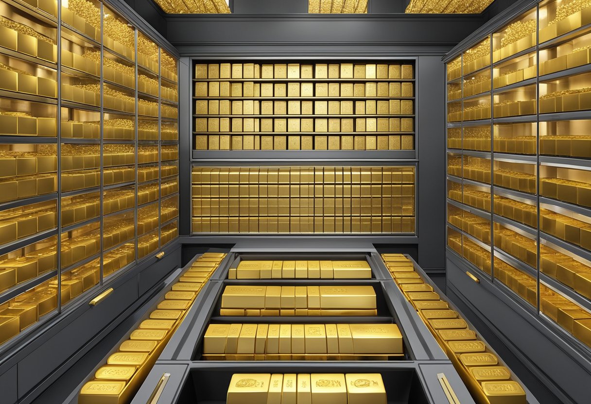 A secure vault with rows of gold bullion bars, displayed in a reputable Australian bullion dealer's showroom