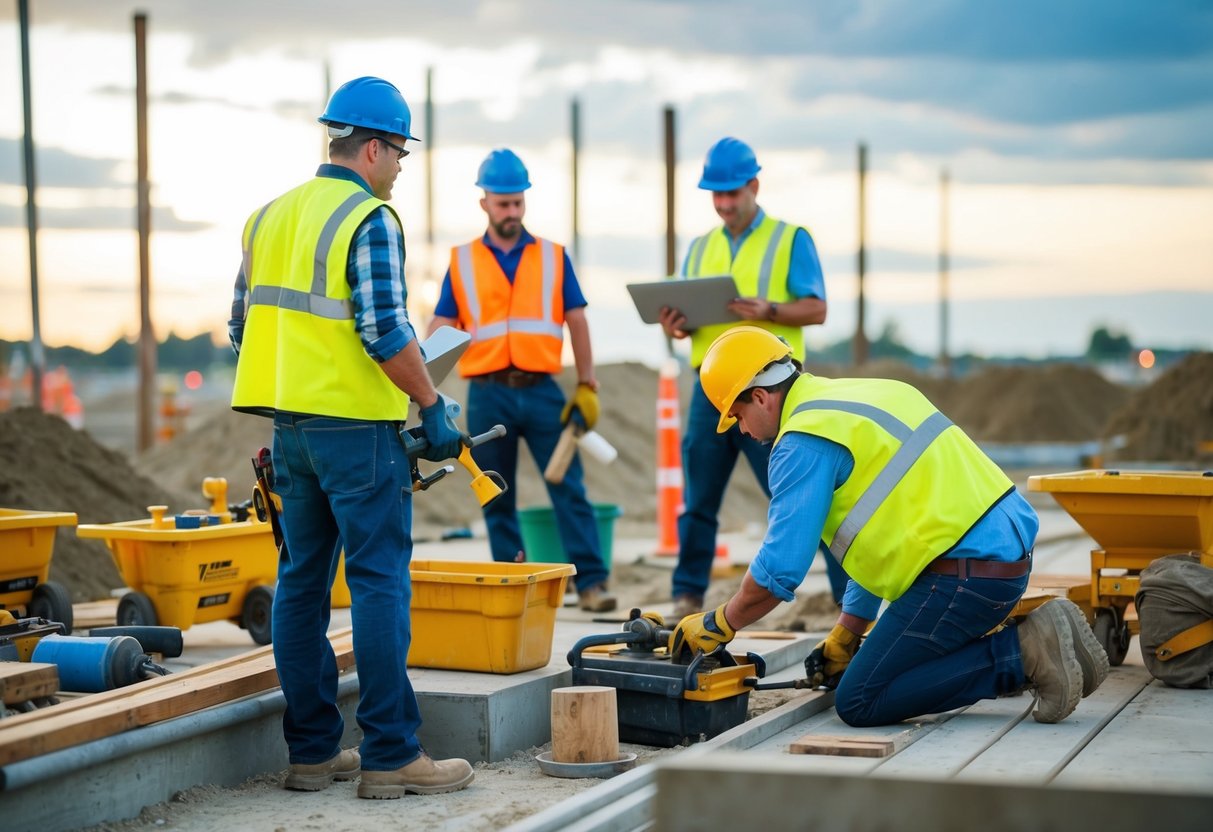 Un chantier de construction avec des ouvriers utilisant divers outils et équipements, tandis qu'un superviseur supervise les progrès.