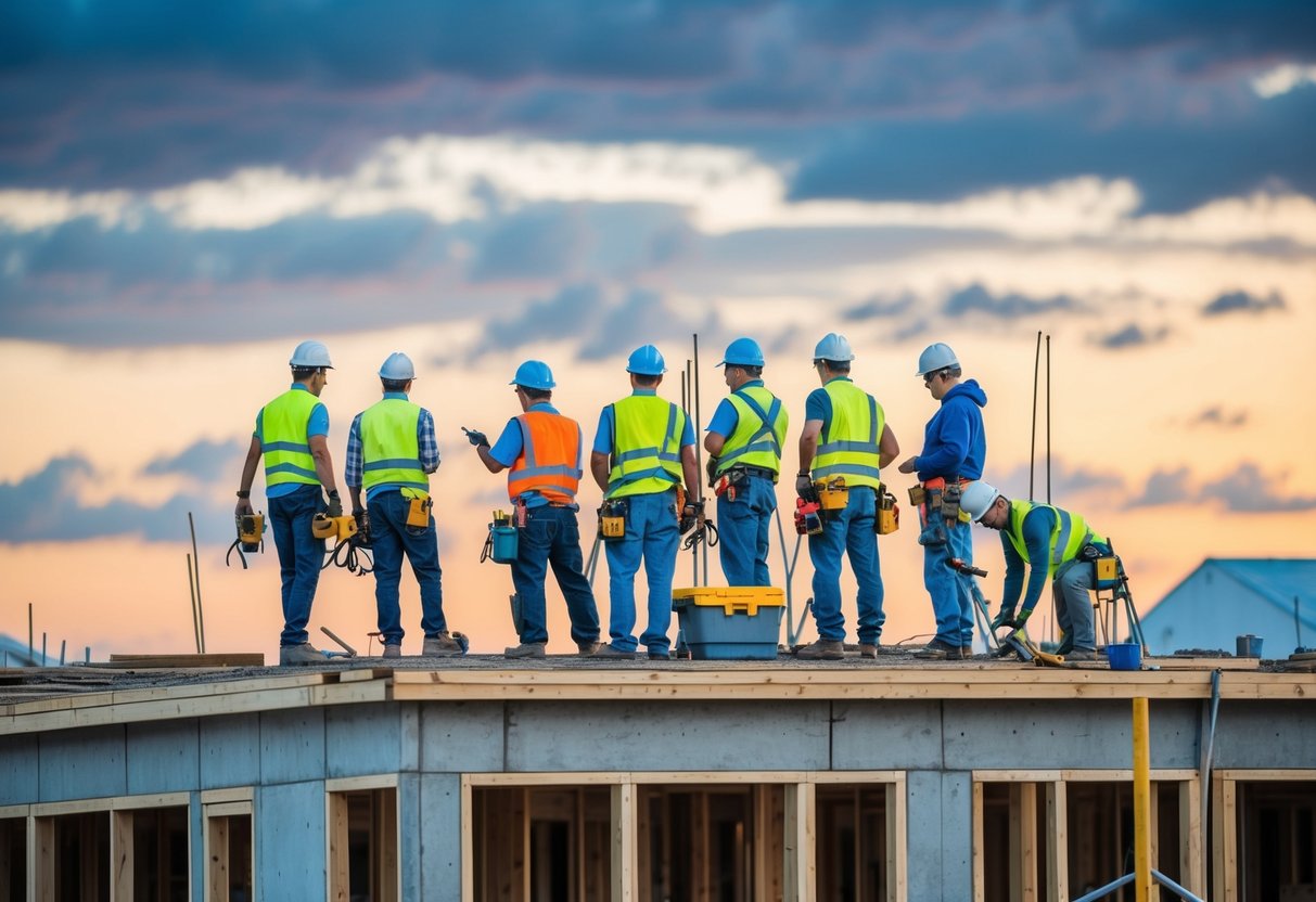 Un groupe de travailleurs construisant des bâtiments avec divers outils et équipements sous la supervision de Constructys