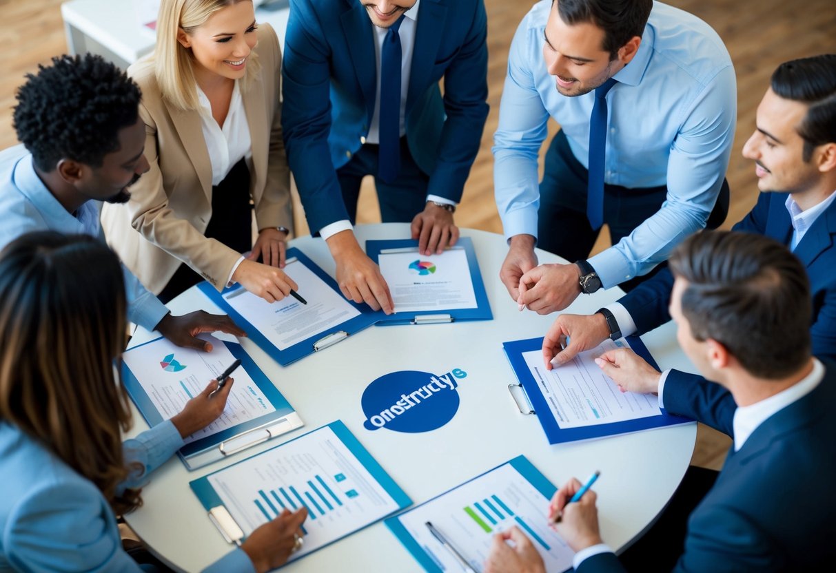 Un groupe de personnes s'est rassemblé autour d'une table, échangeant des documents et discutant des contributions à la formation professionnelle. Un logo Constructys est visible sur les supports.