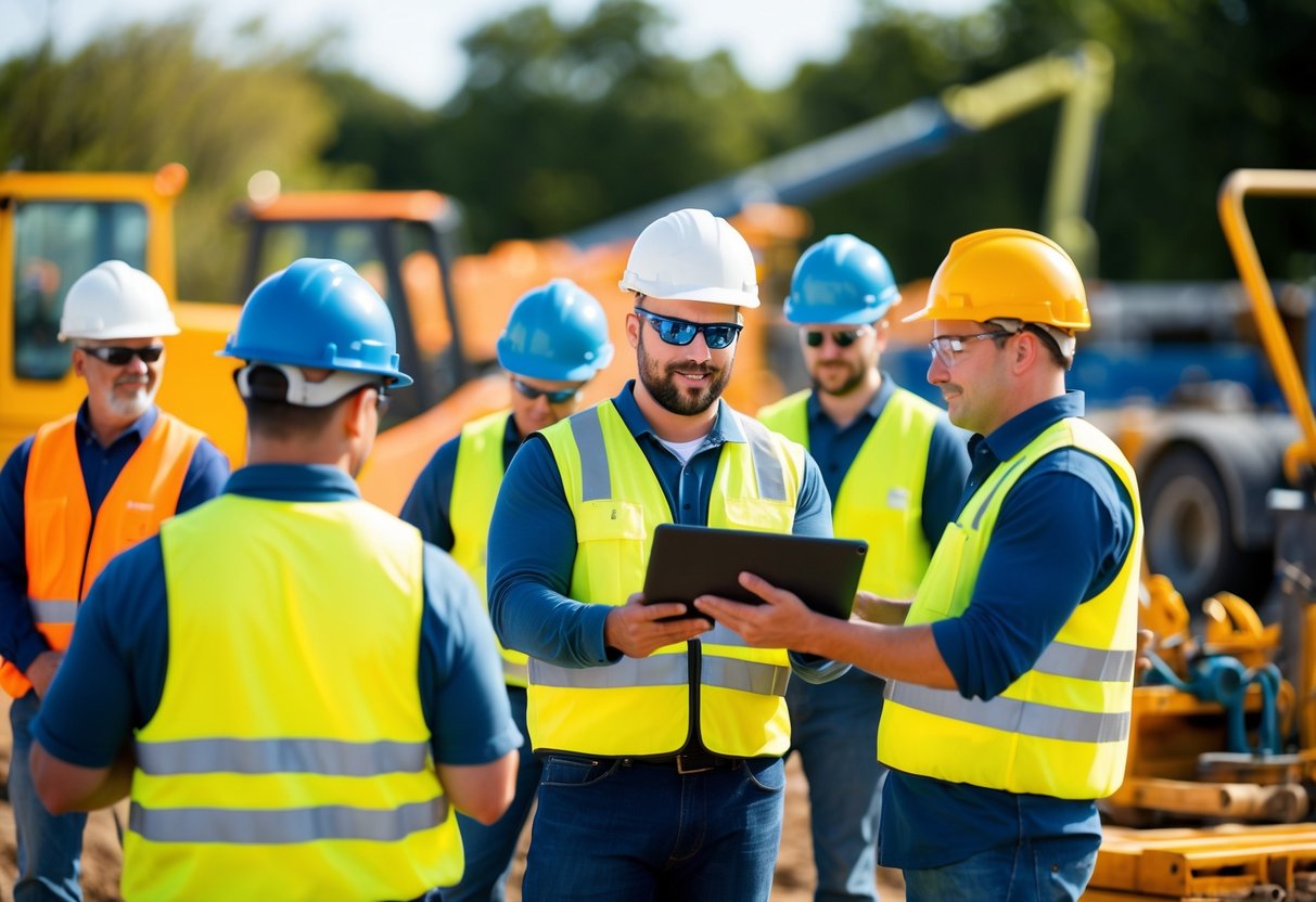 Un groupe de travailleurs de la construction recevant une formation sur un chantier. Des équipements et des outils sont visibles en arrière-plan.