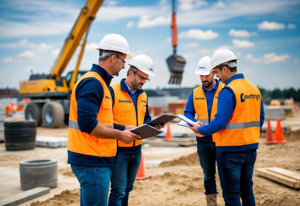 Un chantier avec des travailleurs bénéficiant d'un soutien personnalisé de Constructys, s'engageant dans des missions clés pour les entreprises du BTP.