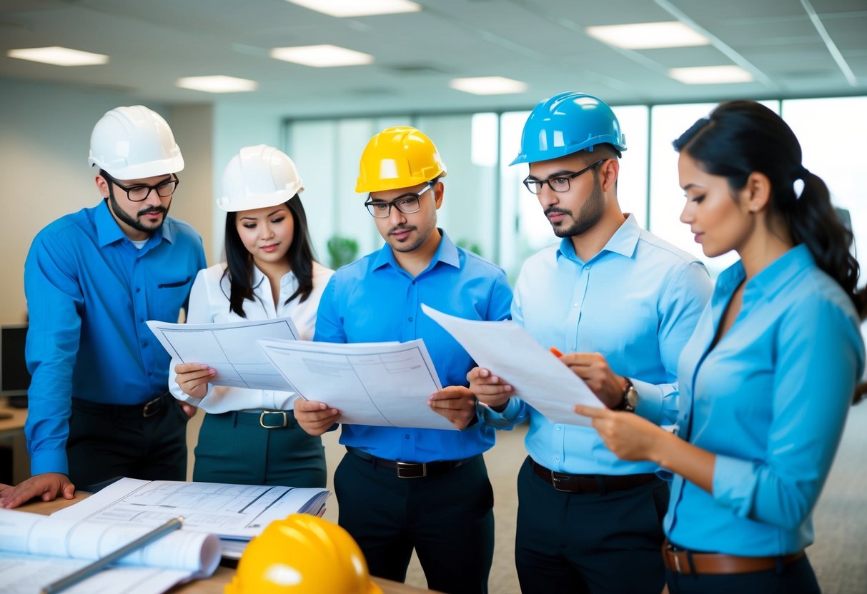 Un groupe d'ingénieurs examinant des plans et discutant des exigences de certification et de qualification dans un bureau de Constructys.