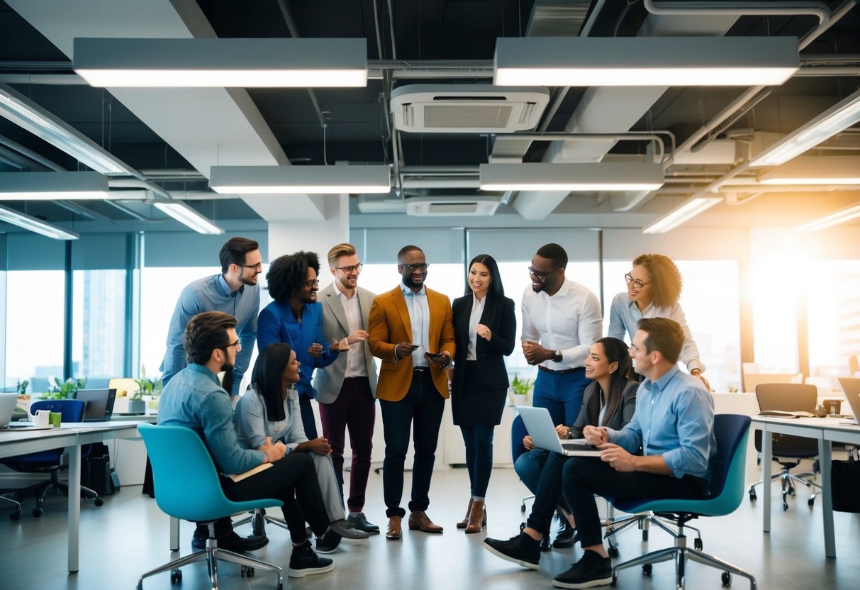 Un groupe d'individus divers brainstorming et collaborant dans un espace de travail moderne et innovant. La technologie et la créativité sont évidentes dans l'environnement.