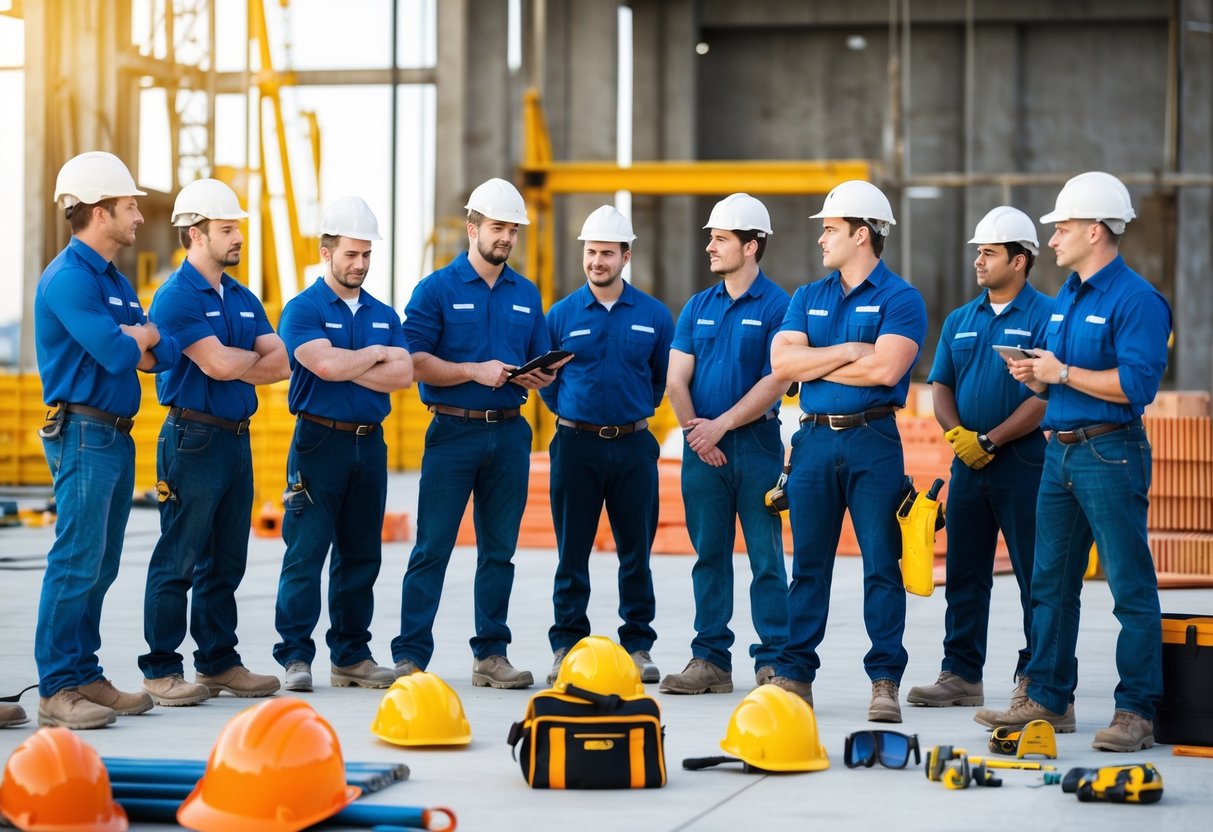 Un groupe de travailleurs de la construction assistant à une session de formation sur un chantier, avec des équipements de sécurité et des outils éparpillés autour.