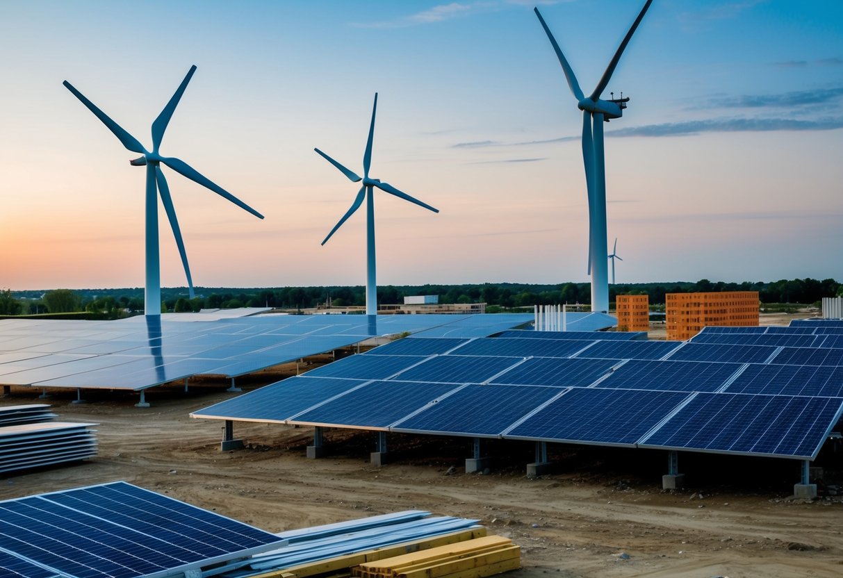 Un chantier avec des panneaux solaires, des éoliennes et des matériaux de construction écoénergétiques