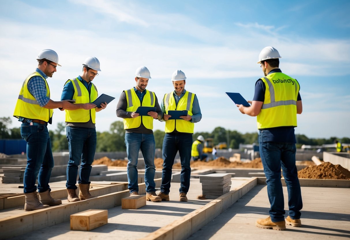 Un chantier avec des travailleurs recevant une formation, tandis qu'un représentant de Constructys supervise le processus de financement du programme de formation.