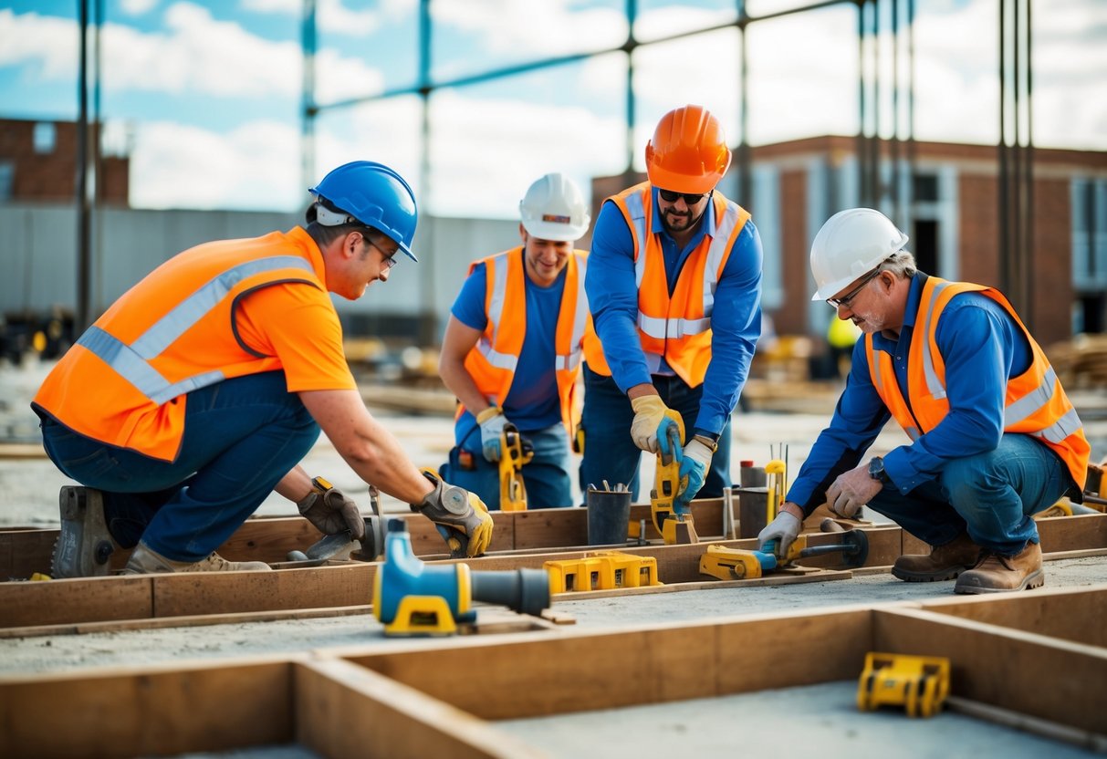 Un chantier avec divers artisans apprenant et travaillant sous la direction d'instructeurs