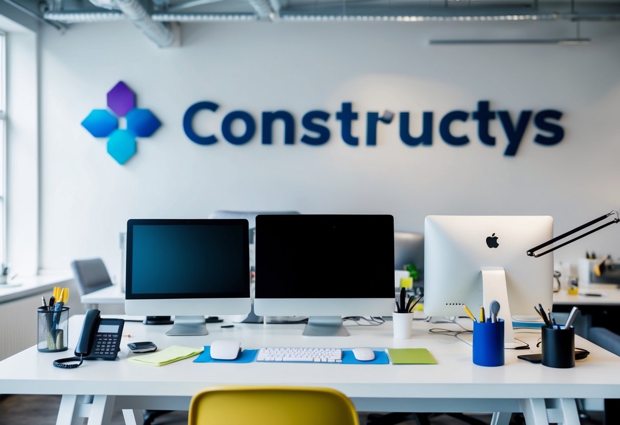 Un bureau avec un ordinateur, un téléphone et divers fournitures de bureau. Le logo de Constructys affiché sur le mur. Espace de travail lumineux et organisé.