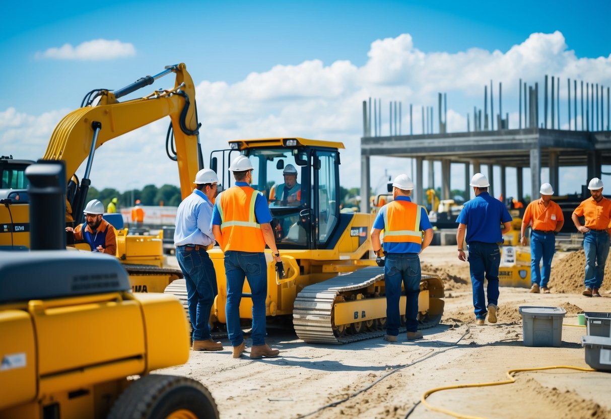 Un chantier de construction animé avec des travailleurs opérant des machines lourdes et construisant des structures, tandis que d'autres sont engagés dans des activités de planification et de coordination.