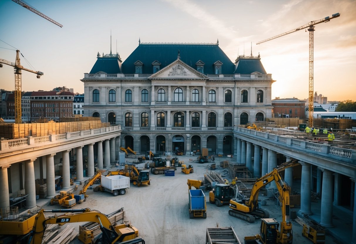 Un bâtiment historique entouré d'une activité de construction animée au cœur des secteurs de Constructys