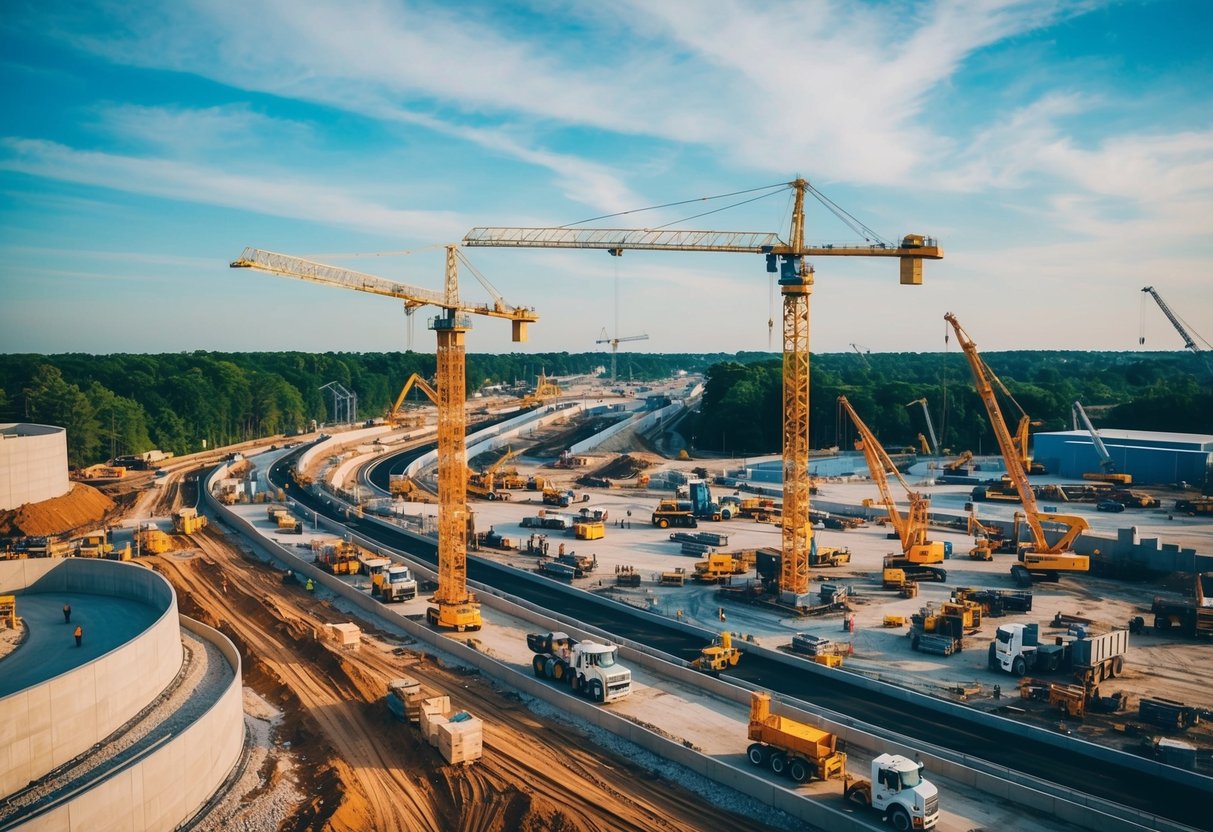 Un chantier de construction animé avec des grues, des camions et des ouvriers construisant des routes et des structures pour diverses industries.