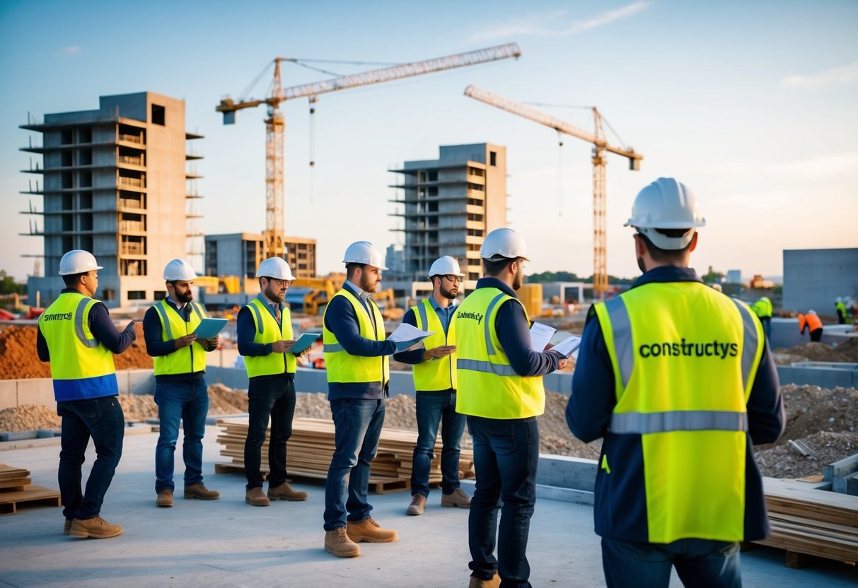 Un chantier de construction animé avec des travailleurs recevant une formation et une éducation de Constructys, tandis que de nouveaux bâtiments et infrastructures prennent forme en arrière-plan.