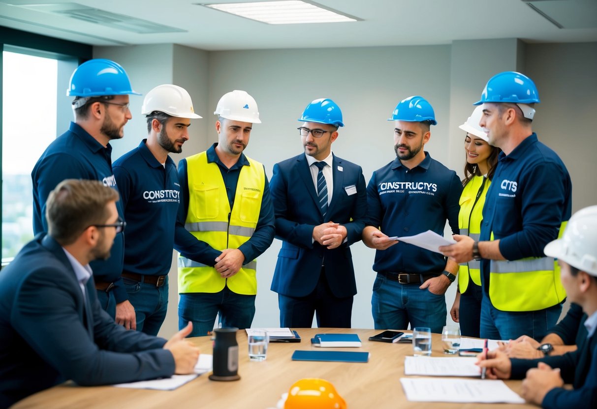 Un groupe de travailleurs de la construction et de formateurs de Constructys CCCA-BTP discutant des bases du partenariat dans une salle de réunion.