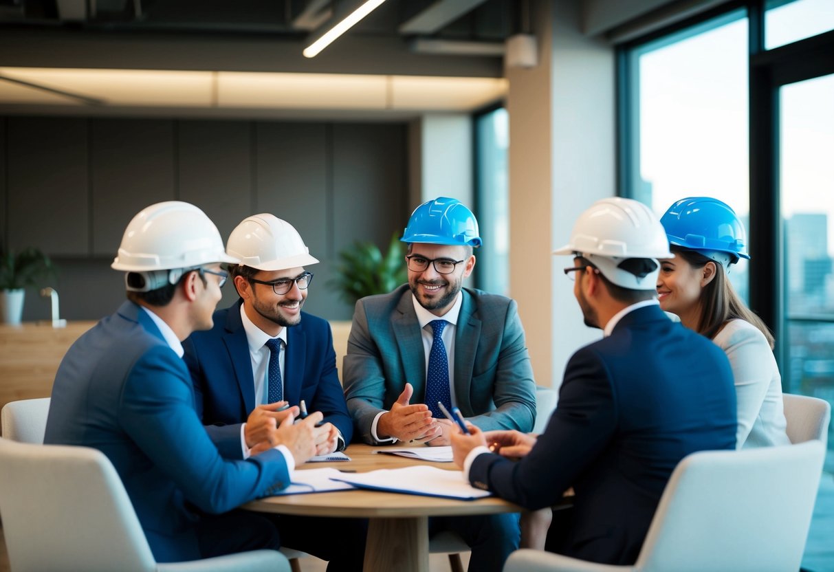 Des professionnels de la construction collaborant lors d'une réunion, échangeant des idées et des plans pour le partenariat.