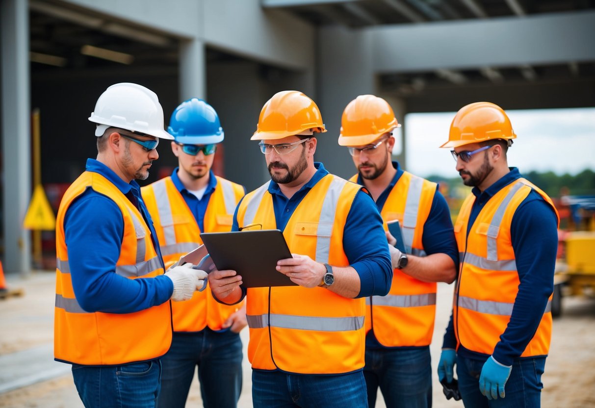 Un groupe de travailleurs assistant à une session de formation sur la sécurité sur un chantier de construction, avec un instructeur démontrant les procédures et équipements de sécurité appropriés.