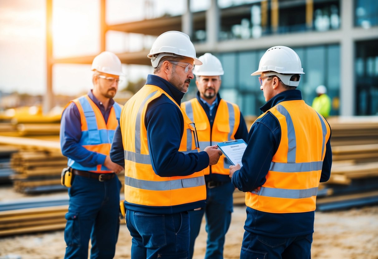 Un chantier avec des travailleurs portant des équipements de sécurité et suivant des protocoles de sécurité sous la supervision d'un agent de sécurité