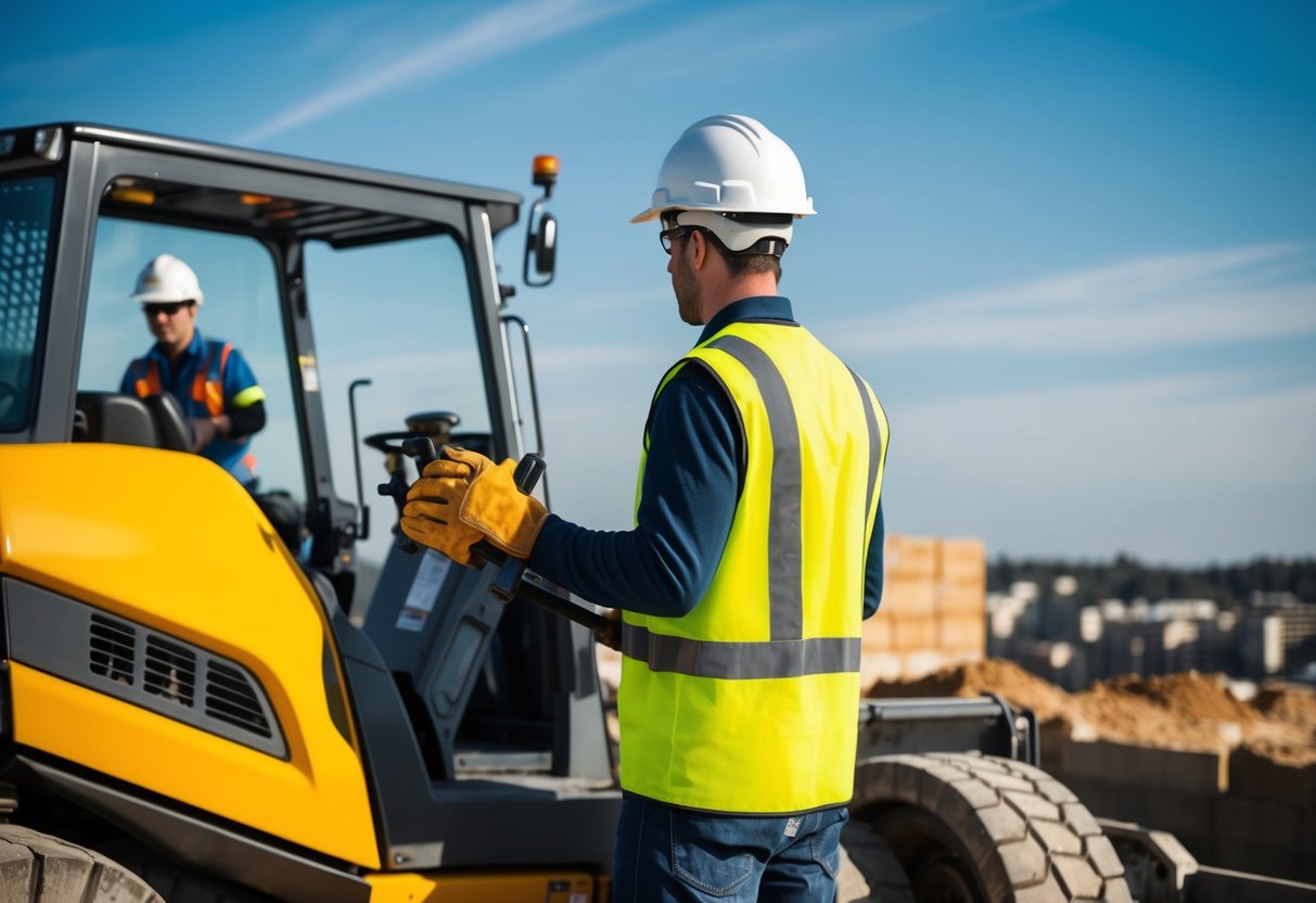 Un ouvrier du bâtiment portant un casque de sécurité et un gilet de sécurité tout en utilisant des machines lourdes sur un chantier.