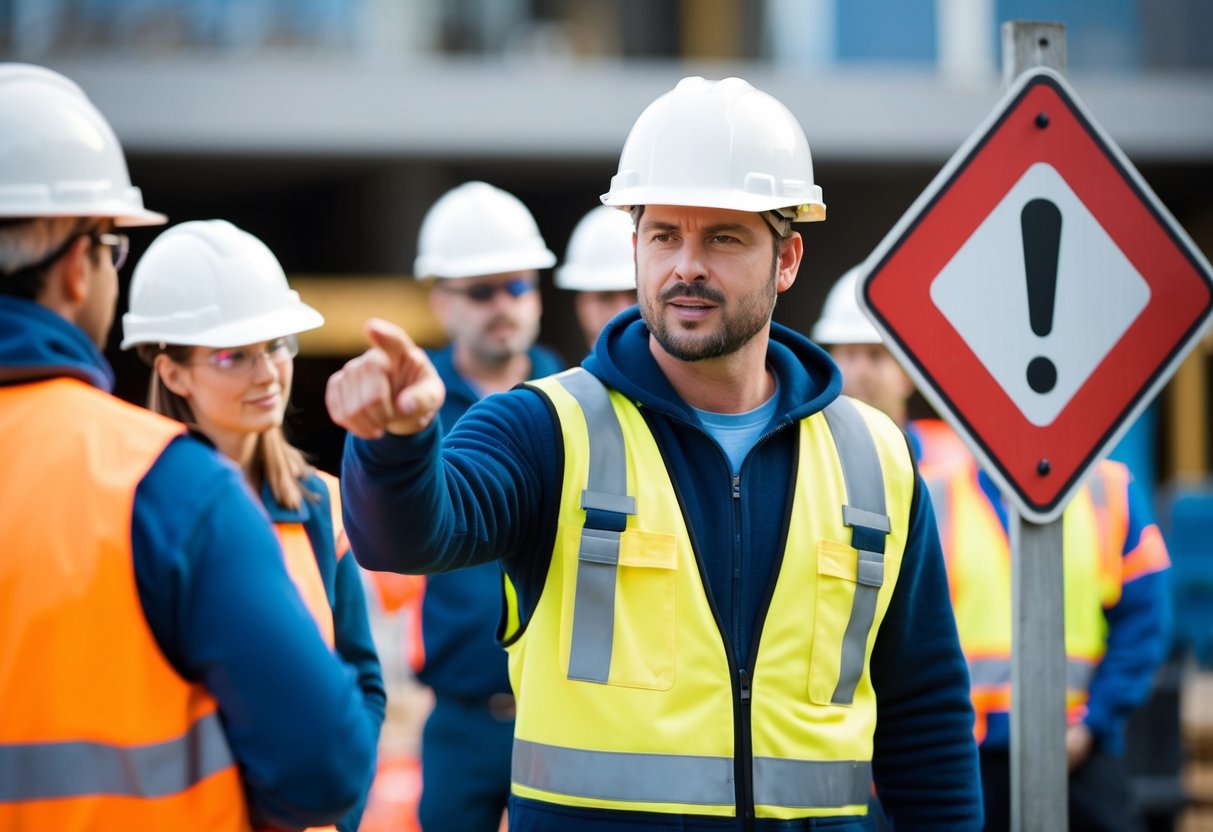 Un ouvrier du bâtiment portant un casque de sécurité et un gilet réfléchissant fait un geste vers un panneau de sécurité pendant que d'autres regardent attentivement.