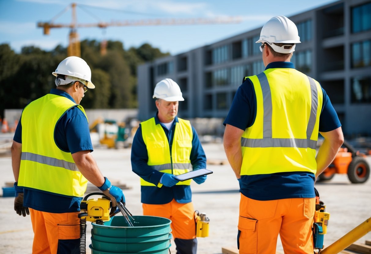 Un chantier de construction avec des travailleurs portant des équipements de sécurité et utilisant des outils, supervisé par un responsable de la sécurité.