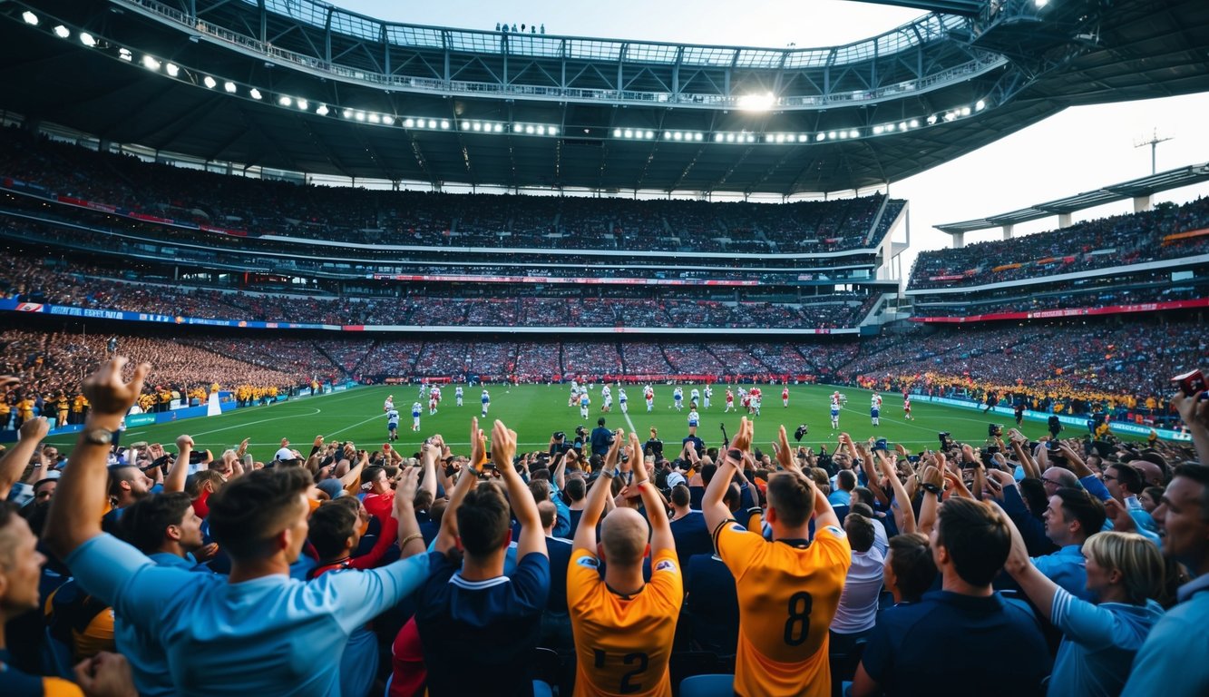 Sebuah stadion olahraga yang ramai dengan penggemar yang bersorak dan pemain di lapangan