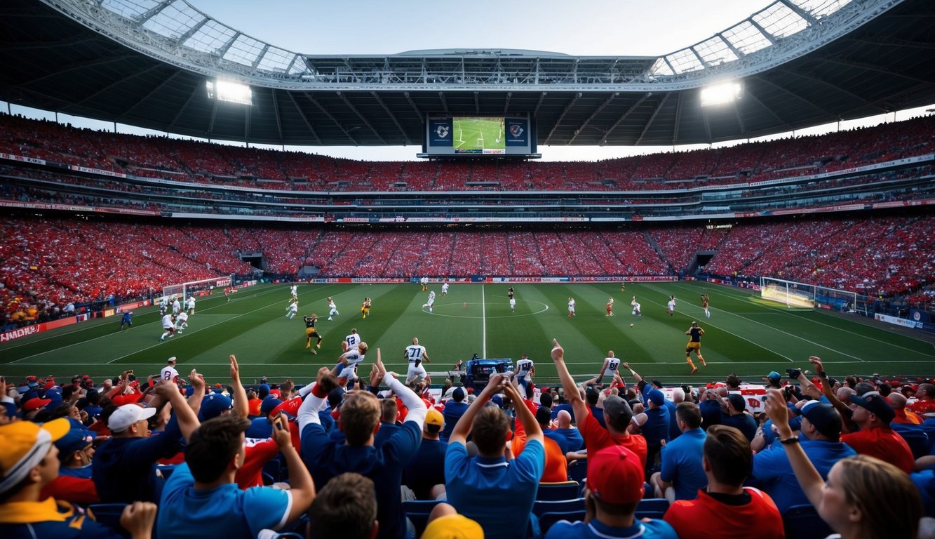 Sebuah stadion olahraga yang ramai dengan penggemar bersorak dan pemain bersaing di lapangan