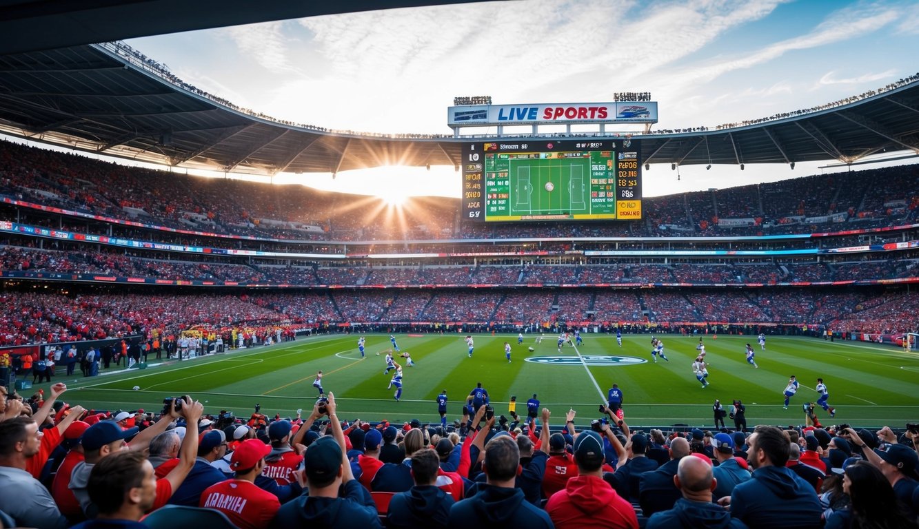 Sebuah stadion yang ramai dengan penggemar yang bersorak, layar besar yang menampilkan odds taruhan olahraga secara langsung, dan pemain yang bersaing di lapangan