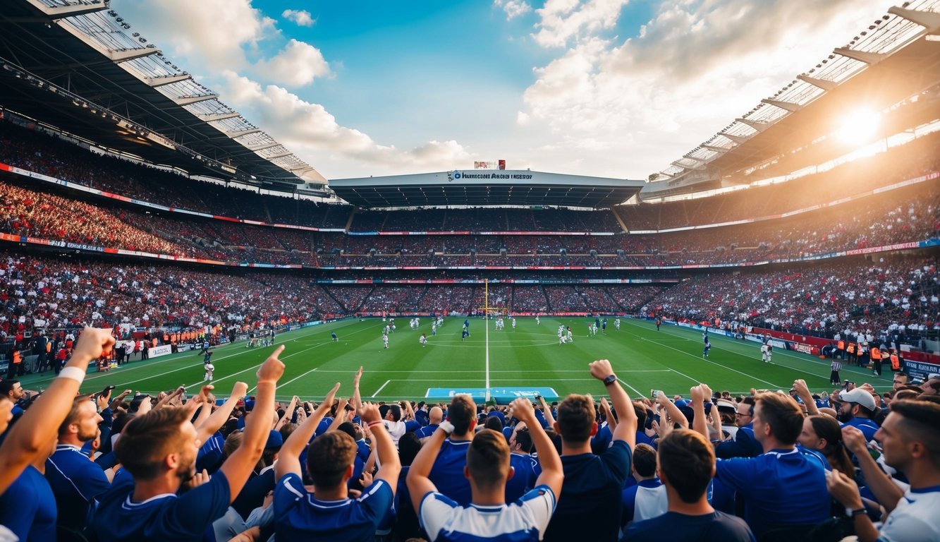 Sebuah stadion olahraga yang ramai dengan penggemar yang bersorak dan pemain di lapangan