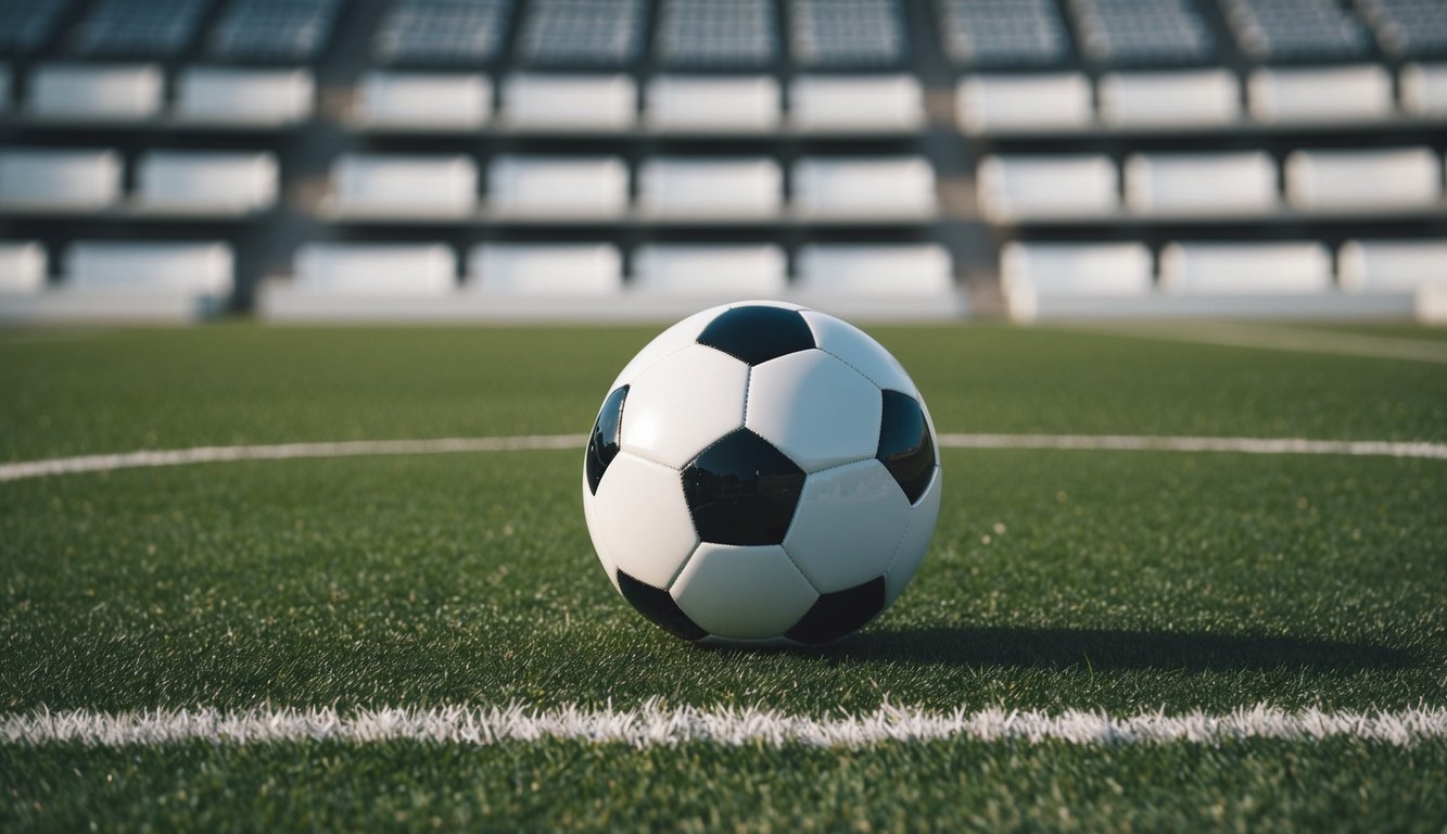 Sebuah bola sepak di lapangan yang bersih, dikelilingi oleh kursi stadion yang kosong