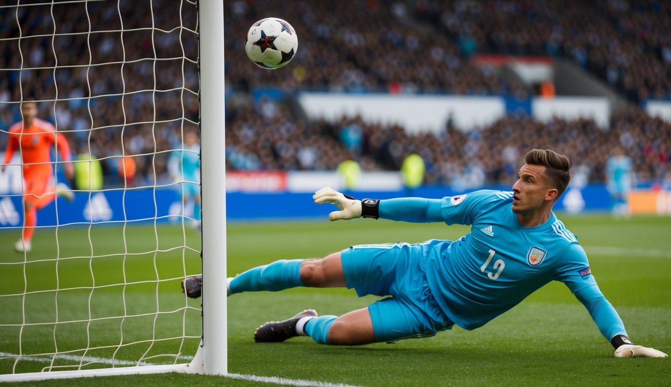 Sebuah bola sepak terbang ke sudut atas gawang, dengan kiper terjun dalam upaya putus asa untuk menyelamatkannya