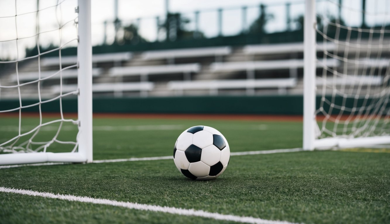 Sebuah bola sepak terletak di lapangan hijau, dikelilingi oleh tiang gawang dan tribun kosong.