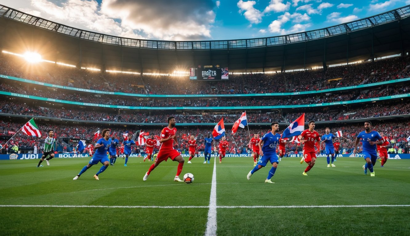 Sebuah stadion yang penuh sesak dengan para penggemar bersorak, bendera berkibar, dan pemain beraksi di lapangan selama pertandingan judi bola secara langsung