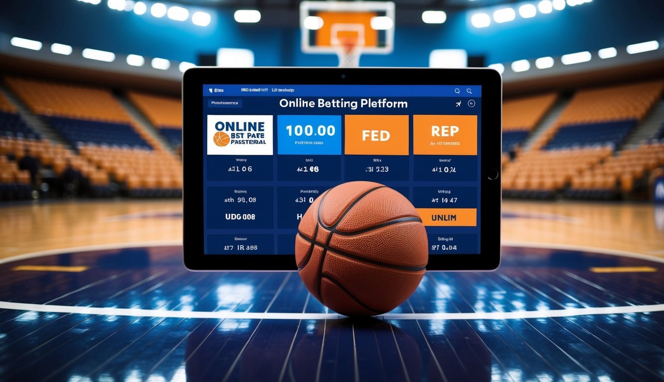 Sebuah lapangan basket dengan perangkat digital yang menampilkan platform taruhan online untuk permainan basket