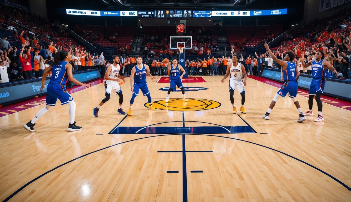 Sebuah lapangan basket dengan dua tim bermain, penggemar bersorak di tribun, dan papan skor menampilkan skor