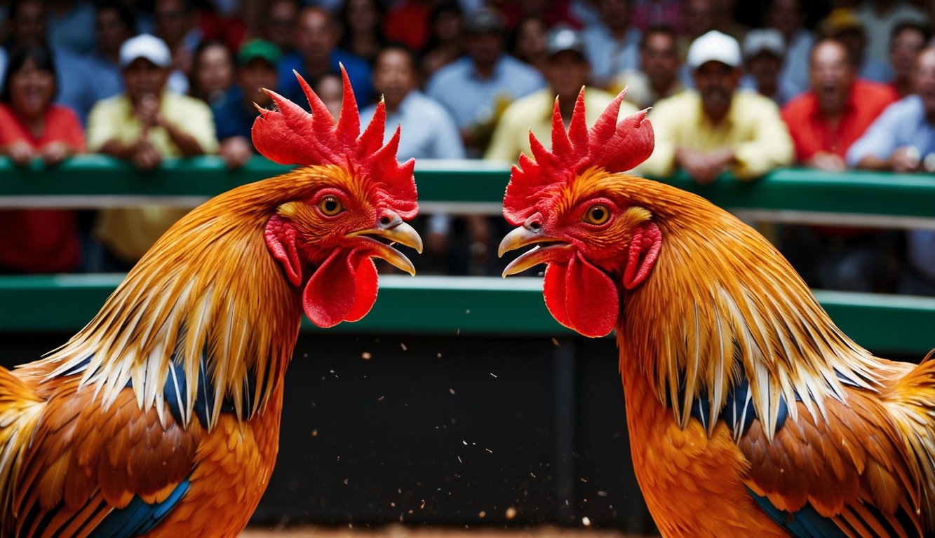 Dua ayam jantan berhadapan di arena yang ramai, bulu-bulu mengembang dan paruh terbuka dalam pertarungan sengit. Kerumunan bersorak dan memasang taruhan saat pertarungan intens berlangsung.