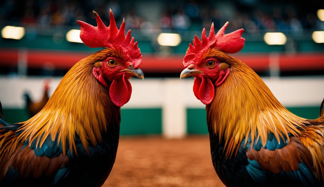 Dua ayam jantan berhadapan di arena sabung ayam langsung