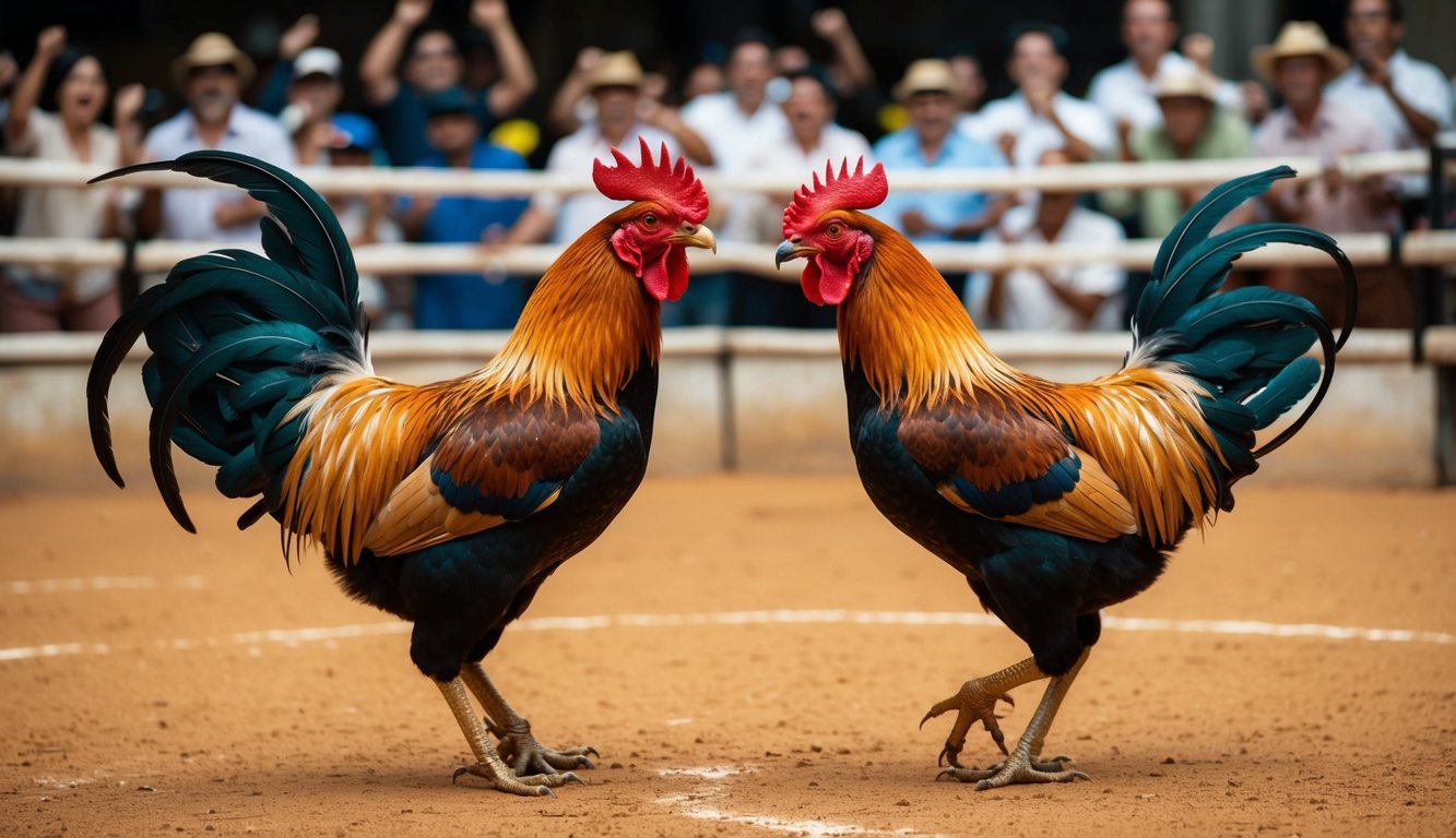 Dua ayam jantan berhadapan di arena sabung ayam tradisional, dikelilingi oleh kerumunan penonton yang bersorak dan memasang taruhan