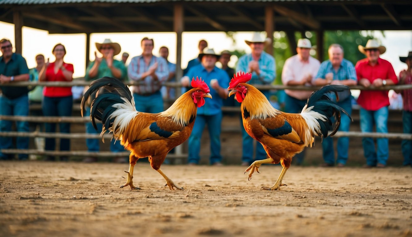 Sebuah pertarungan ayam yang hidup di arena luar ruangan yang sederhana. Penonton bersorak saat dua ayam jantan berhadapan di tengah, bulu-bulu mereka mengembang dan paruh terbuka dalam agresi.