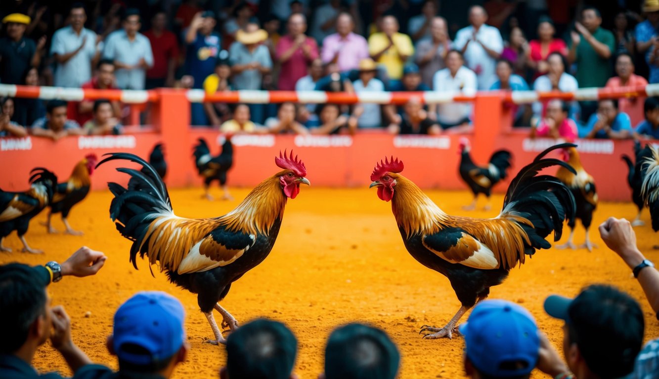 Sebuah arena yang ramai dengan ayam jantan yang berhadapan dalam pertandingan sabung ayam yang panas, dikelilingi oleh penonton yang antusias meneriakkan dukungan untuk burung kesayangan mereka.